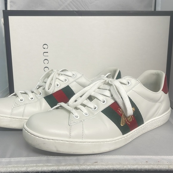 Excellent Gucci Ace sneaker with bee in white leather sneaker Size Men’s 8 - Picture 2 of 15